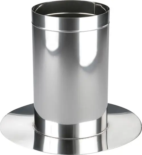 Edelstahl-Flansch mit rundem, flachem Abschluss. Das Produkt dient zur Abgasableitung und kann in Kombination mit Bosch-Systemen verwendet werden.